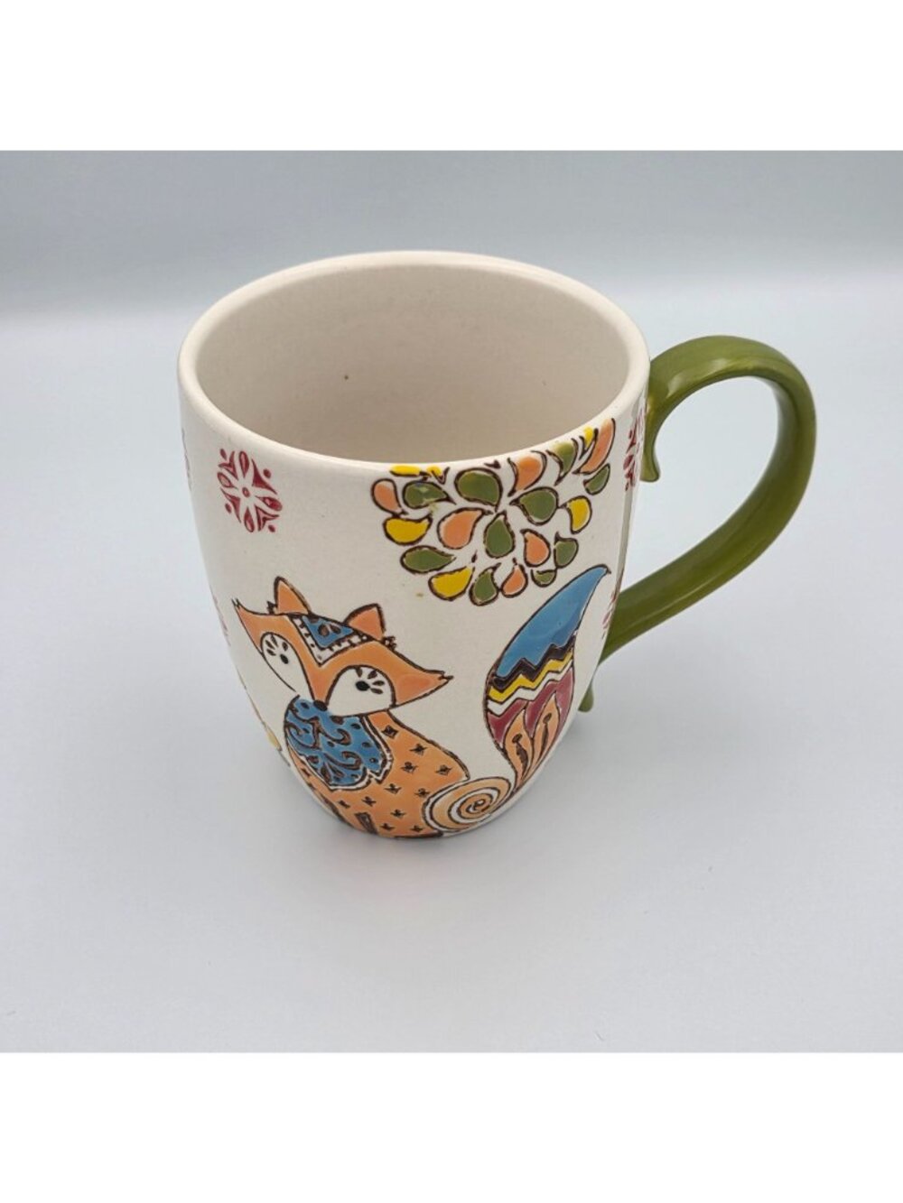 Fox-Themed Ceramic Mug Green Handle Colorful Designs 16oz - Picture 2 of 7